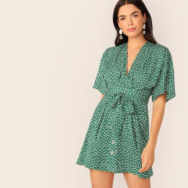 Ditsy Floral Backless Tie Front Dress