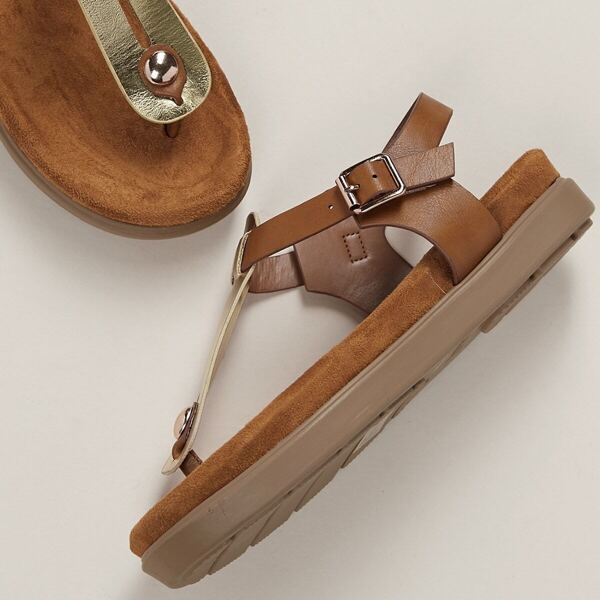 

Metallic T-Strap Buckled Ankle Footbed Sandals, Bronze