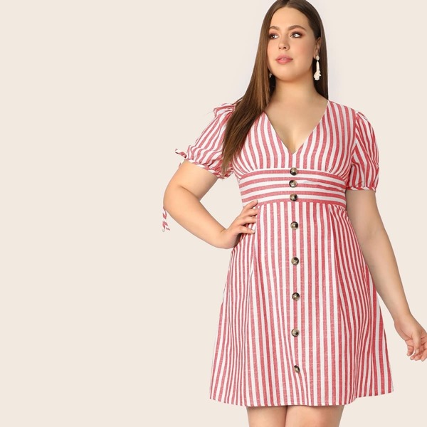 

Plus Tied Cuff Button Front Striped Tea Dress, Red