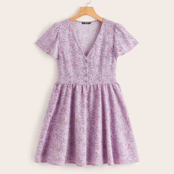 

Buttoned Half Placket Ditsy Floral Dress, Purple