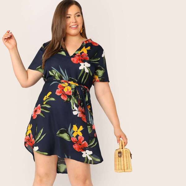 

Plus High Low Hem Belted Flower Print Dress, Navy