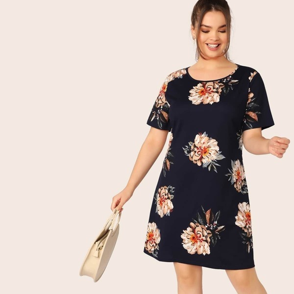 

Plus Floral Print Tunic Dress, Navy