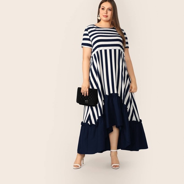 

Plus Asymmetrical Flippy Hem Striped Dress