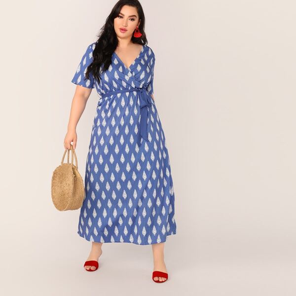 

Plus Botanical and Striped Print Wrap Belted Dress, Blue