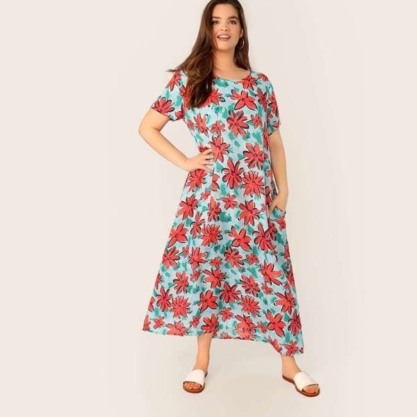 

Plus Floral Print Patch Pocket Tunic Dress, Multicolor