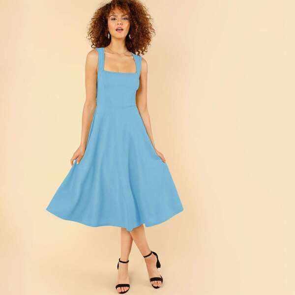 

Zipper Side Square Neck Sleeveless Flare Dress