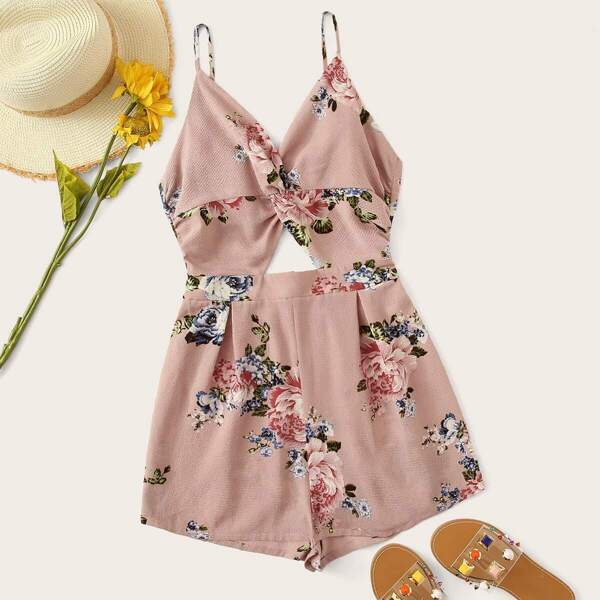

Tie Back Twist Peekaboo Front Textured Slip Romper