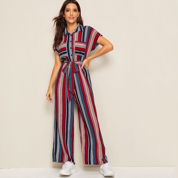 

Dual Pocket Belted Striped Shirt Jumpsuit, Multicolor