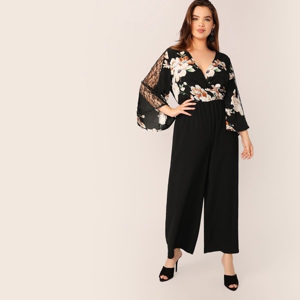 

Plus Lace Insert Sleeve Wide Leg Floral Print Jumpsuit, Black