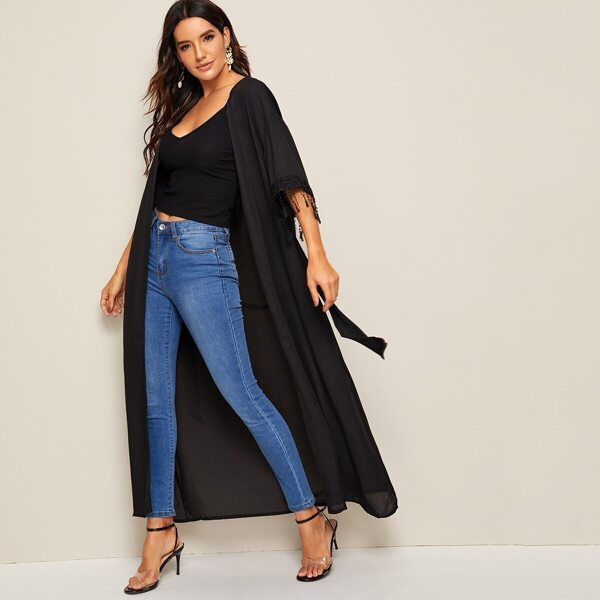 

Fringe Cuff Wrap Solid Kimono With Belt, Black