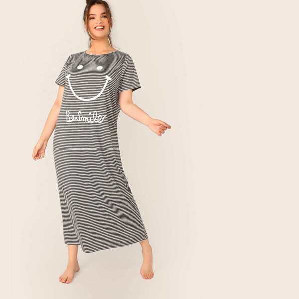 

Plus Striped Smile Letter Print Nightdress