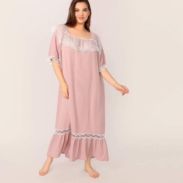 

Plus Ruffle Hem Contrast Lace Night Dress