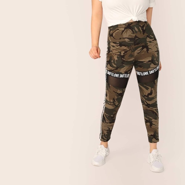 

Plus Mesh Insert Striped Side Camo Leggings, Multicolor