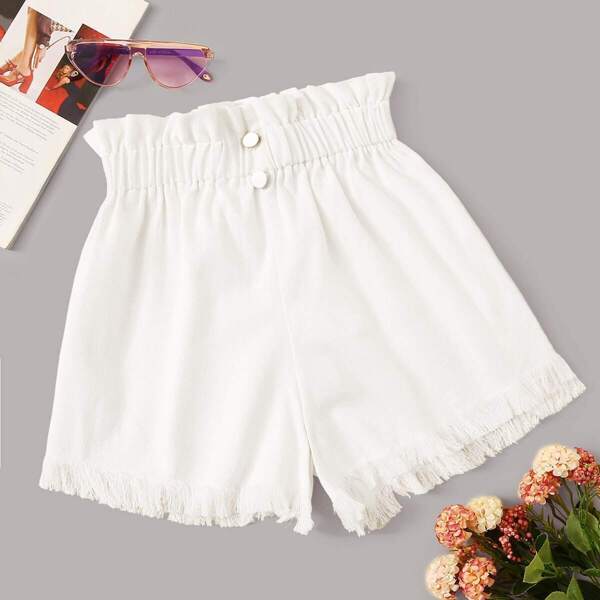 

Paperbag Waist Raw Hem Shorts, White