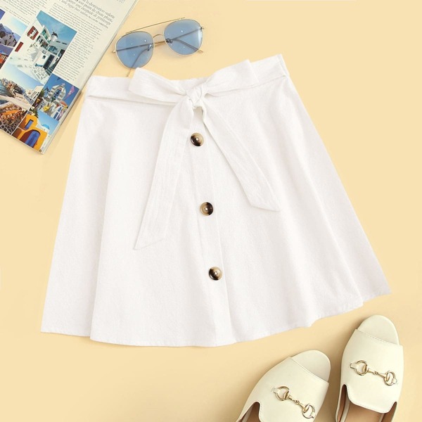 

Button Front Belted Flare Skirt, White