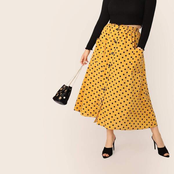 

Plus Button Front Patch Pocket Polka Dot Skirt, Yellow