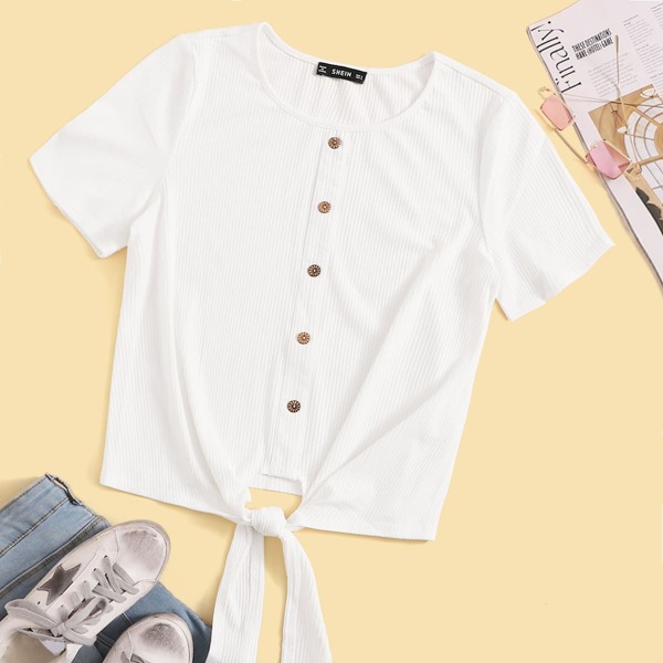 

Rib-Knit Button Front Knot Top, White