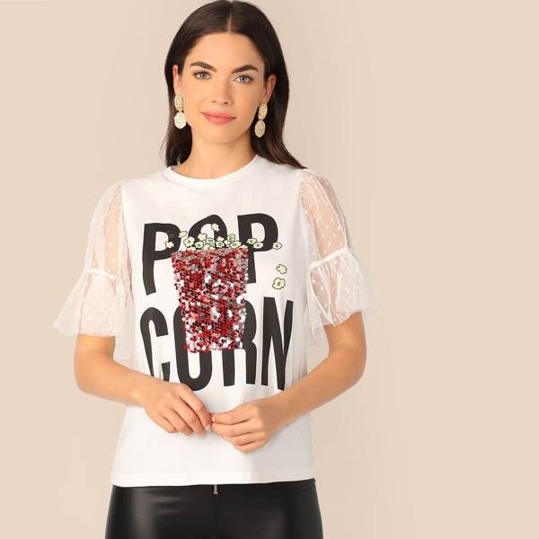 

Dobby Mesh Flounce Sleeve Contrast Sequin Tee