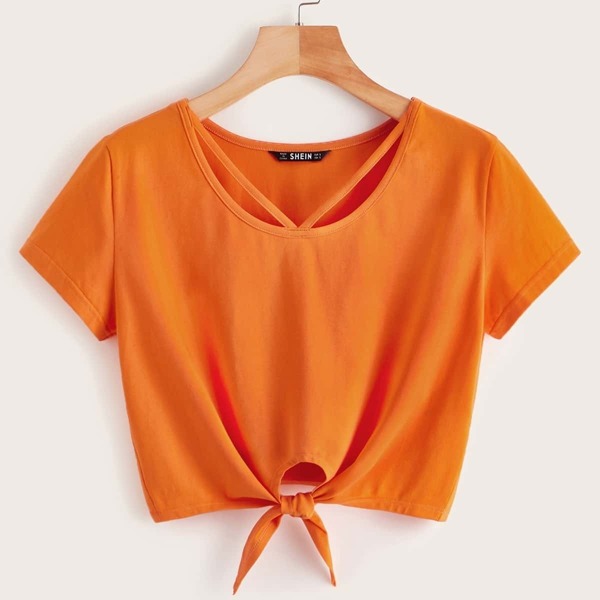 

Neon Orange V Strap Neck Knot Front Crop Tee