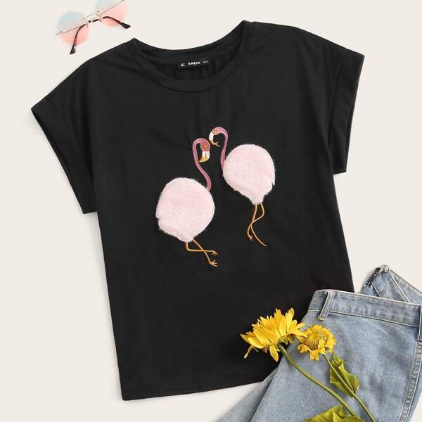 

Faux Fur Flamingo Embroidered Tee