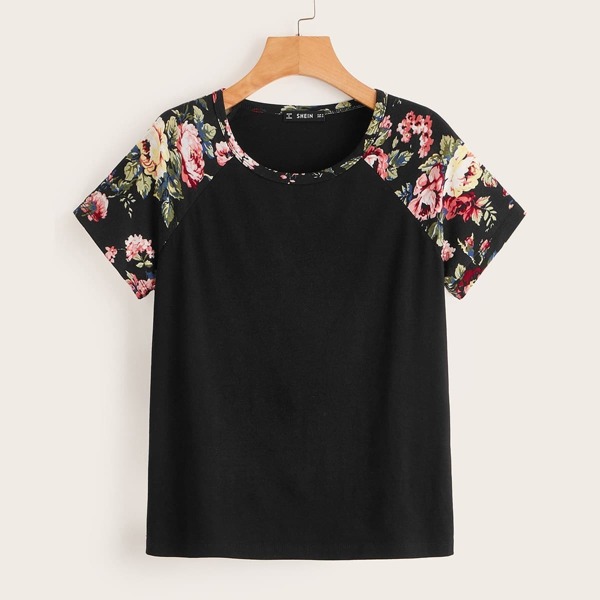 

Floral Print Raglan Sleeve Tee, Black