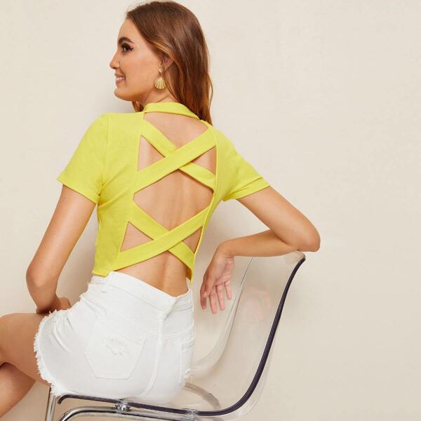 

Crop Mock-Neck Crisscross Back Top