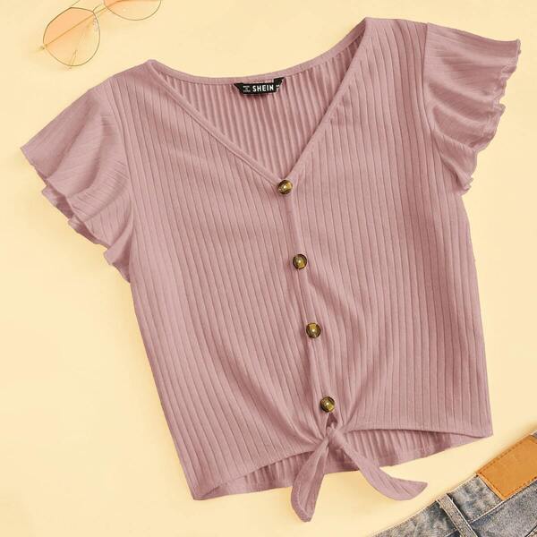 

Ruffle Armhole Knot Hem Rib-knit Tee, Pink pastel