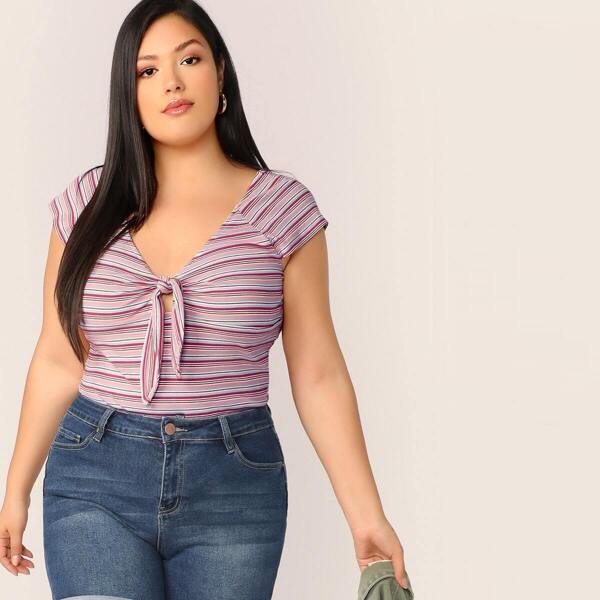 

Plus Raglan Sleeve Knot Front Ribbed Striped Tee