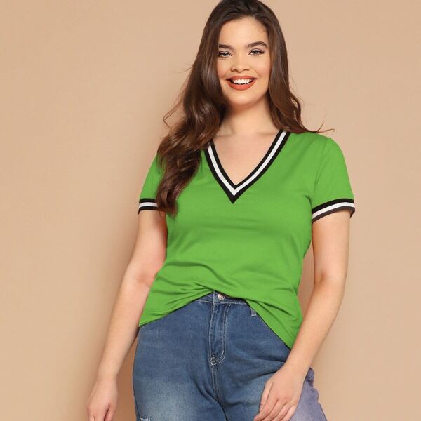 

Plus Striped Tape V Neck Top
