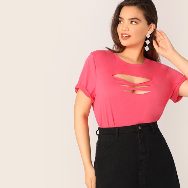 

Plus Cuffed Ripped Front Top, Pink