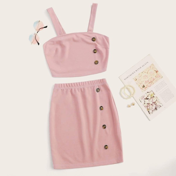 

Button Front Crop Top & Bodycon Skirt Set, Pink