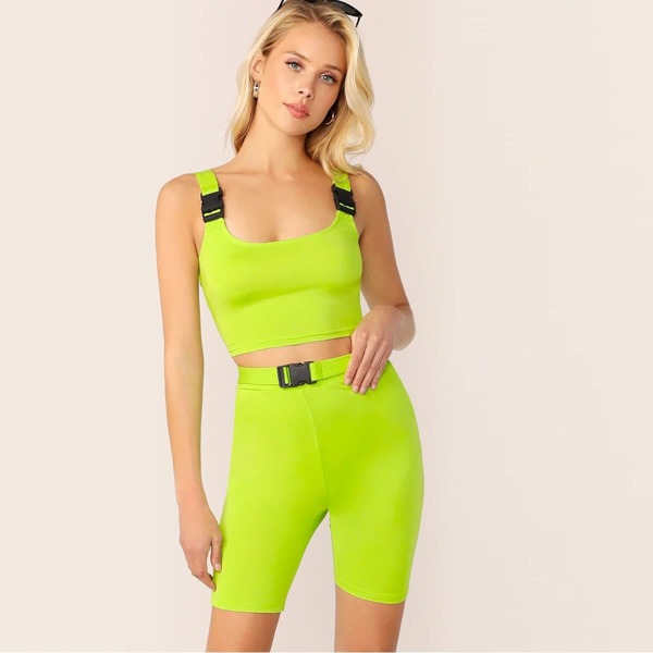 

Neon Lime Buckle Strap Tank and Cycling Shorts Set