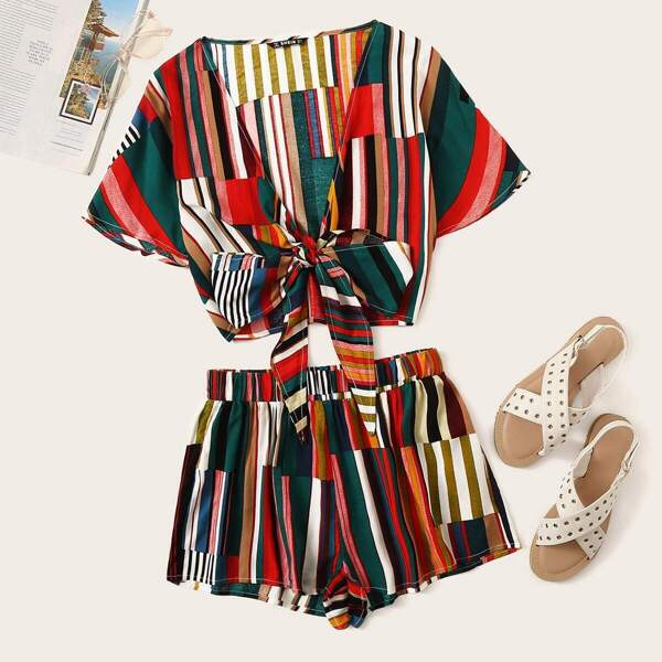 

Colorful Striped Knotted Front Top & Shorts Set, Multicolor