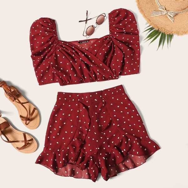 

Plus Heart Print Puff Sleeve Crop Top & Ruffle Trim Shorts Set, Burgundy