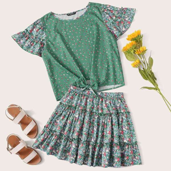 

Knot Hem Ditsy Floral Top & Frill Skirt Set, Green