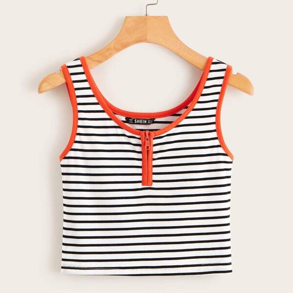 

Zipper Fly Striped Rib-knit Ringer Tank Top