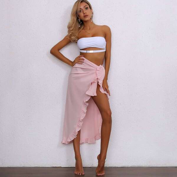 

Joyfunear Ruffle Trim Tie Side Asymmetrical Cover Up Skirt
