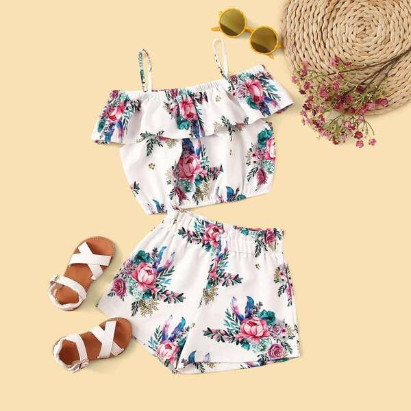 

Toddler Girls Floral Print Cami Top & Frill Shorts, Multicolor