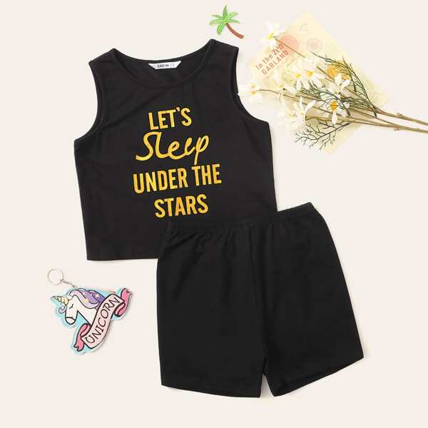 

Girls Slogan Print Tank & Shorts PJ Set