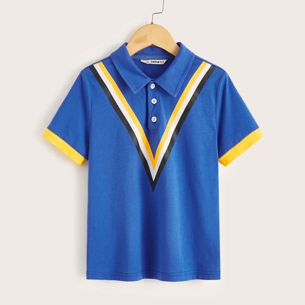 

Boys Contrast Cuff Chevron Print Polo Shirt, Blue bright
