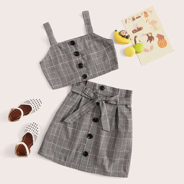 

Girls Button Up Glen Plaid Top & Belted Skirt Set