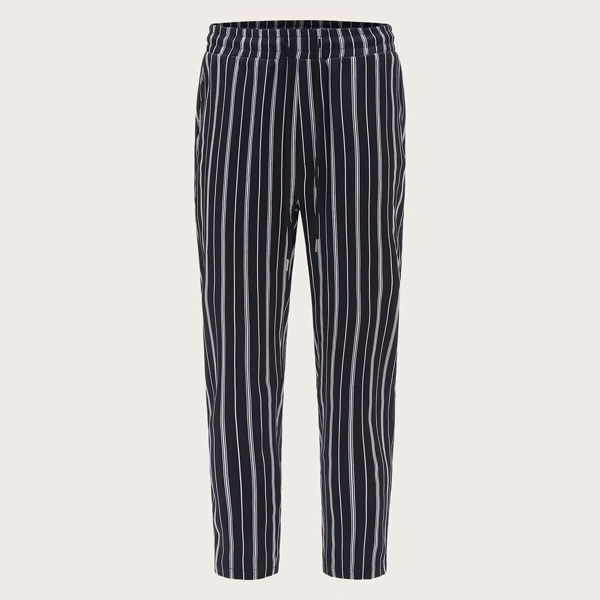 

Men Drawstring Waist Pinstripe Pants, Navy