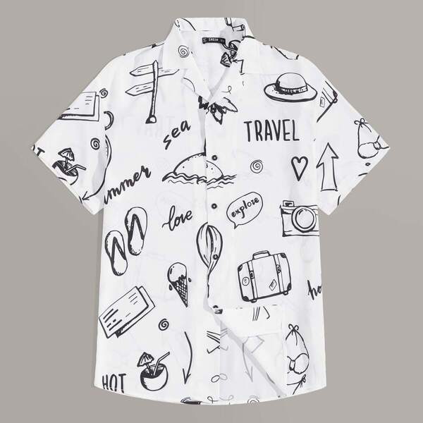 

Men Revere Collar Graffiti Print Shirt, Black and white