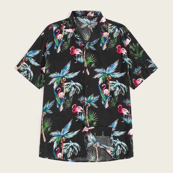 

Men Flamingo & Coconut Tree Print Aloha Shirt
