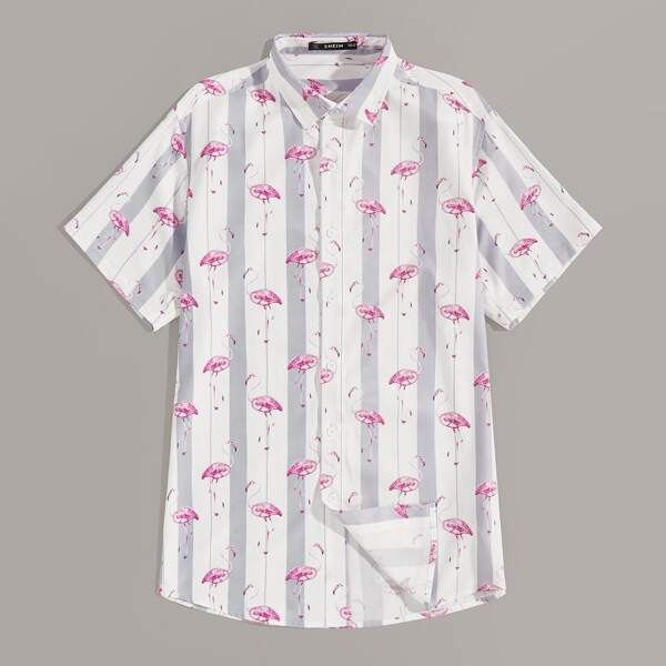 

Men Flamingo & Stripe Print Shirt