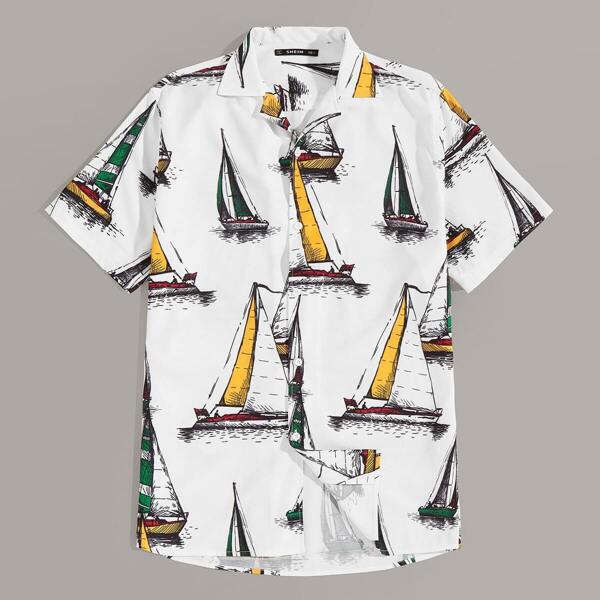 

Men Revere Collar Sailboat Print Shirt