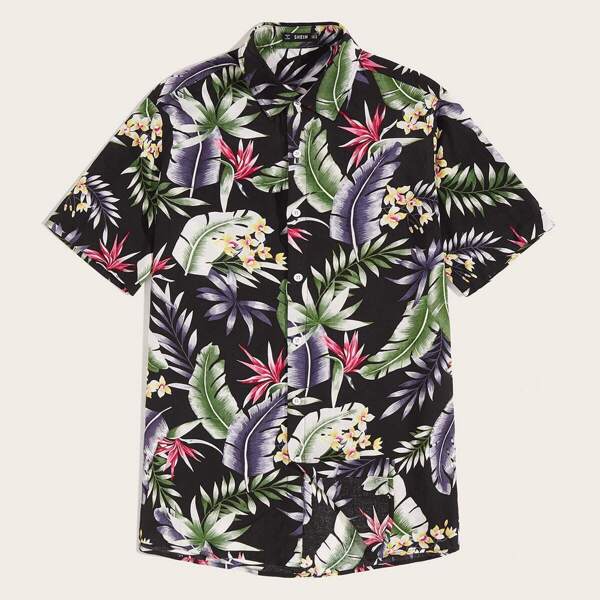 

Men Button Up Tropical Print Hawaiian Shirt