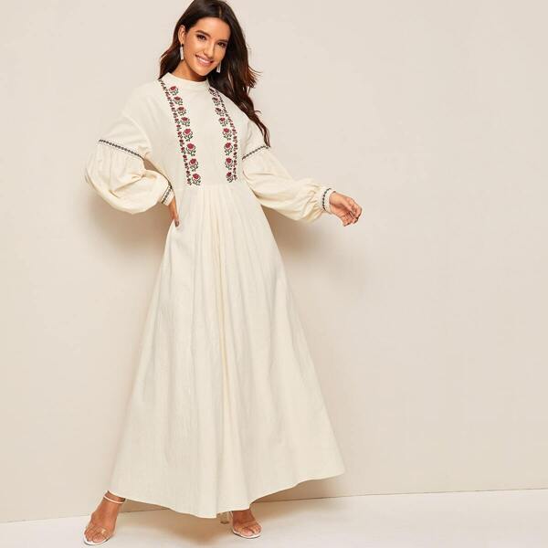 

Mock Neck Balloon Sleeve Embroidered Pleated Dress, Beige