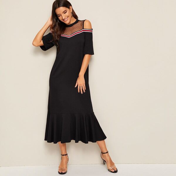 

Mesh Yoke Striped Tape Detail Cold Shoulder Dress