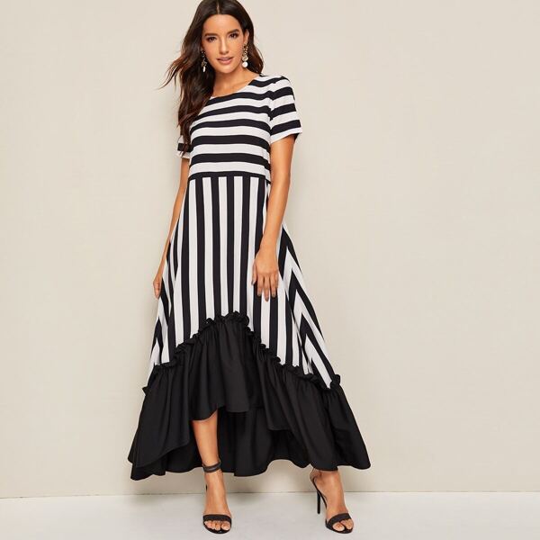 

Solid Asymmetric Flounce Hem Striped Dress, Black and white